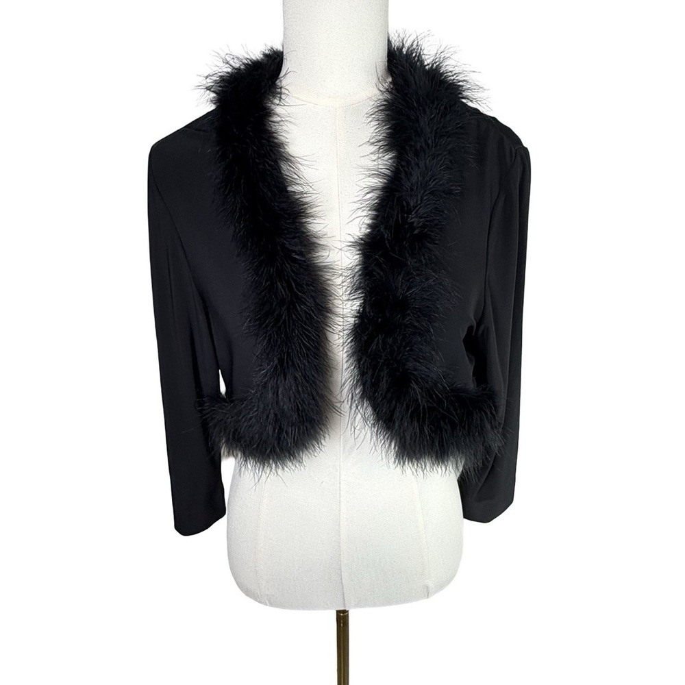 Y2K Black Faux Fur Trim Cropped Jacket Bolero Shrug Goth Party Coquette L